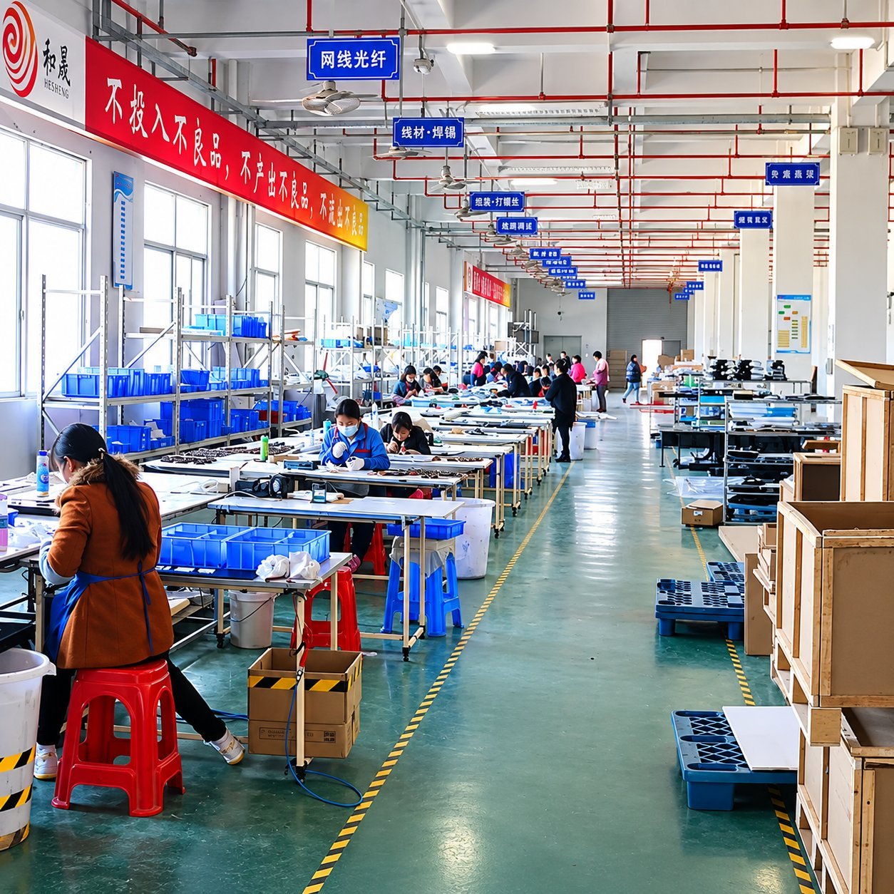 Wide view of a Chinese sign factory production floor with rows of workers at assembly stations under a red quality-policy banner in Chinese.