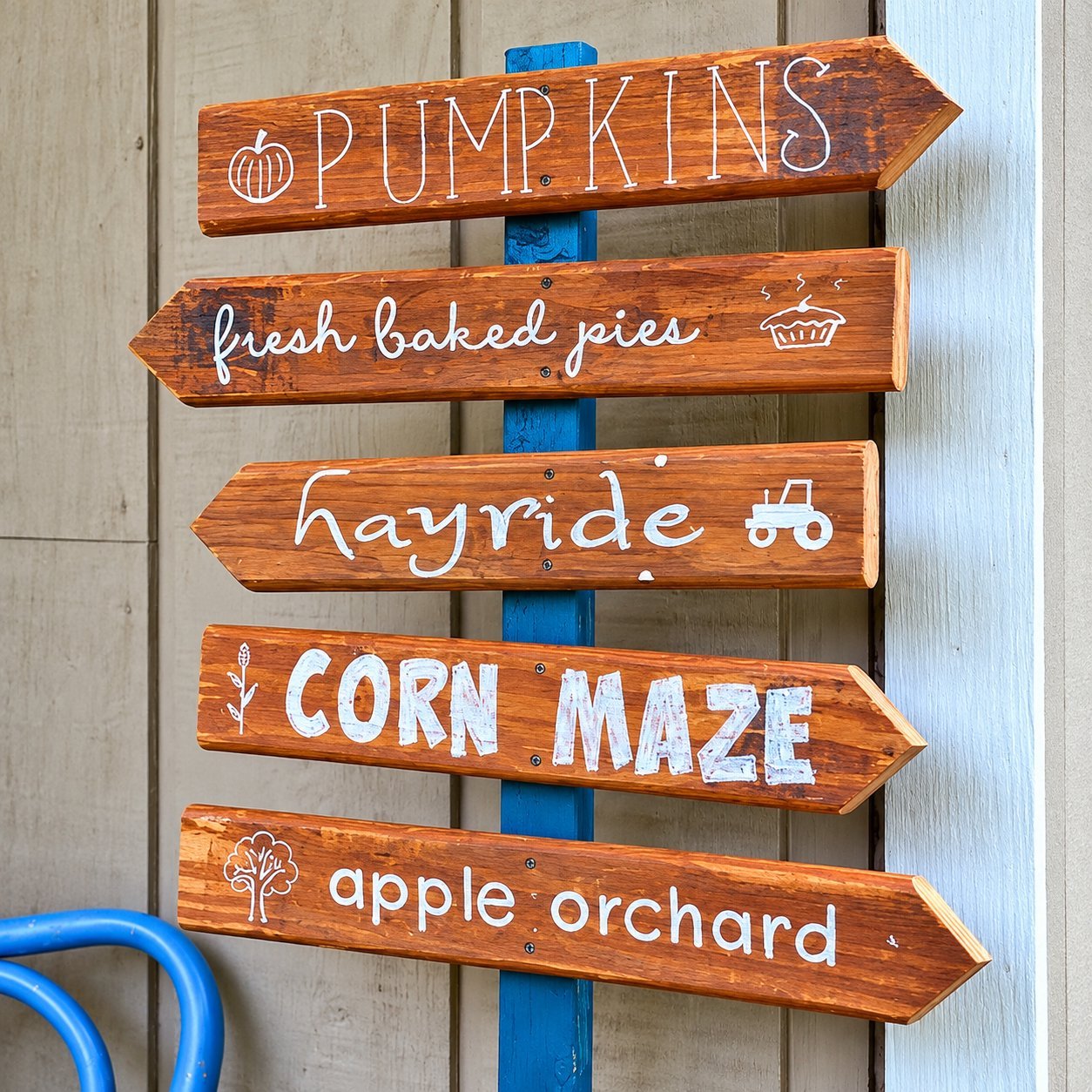 Hand-painted wooden directional signs at a fall farm market — pumpkins, fresh baked pies, hayride, corn maze, apple orchard — a DIY handcraft comparison example.