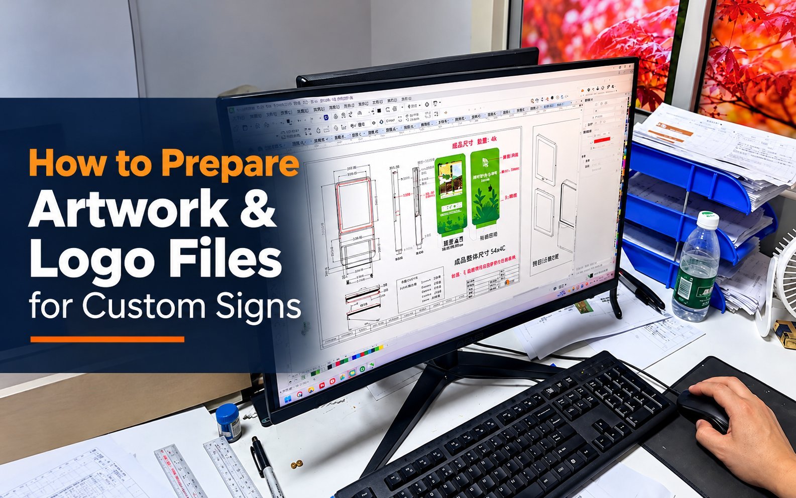 Cover photo: 'How to Prepare Artwork & Logo Files for Custom Signs' overlay on a sign-design workspace with monitor showing a technical drawing of a sign cabinet.
