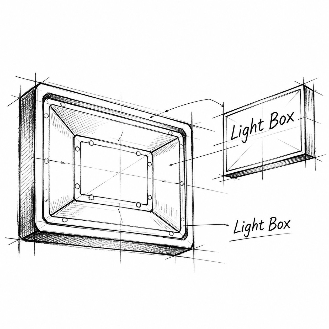 Hand-drawn pencil sketch of a recessed light box with construction lines and 'Light Box' callouts on a white background.