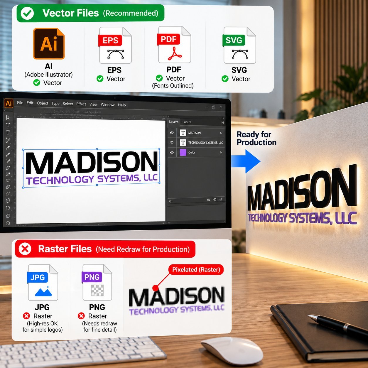 Comparison graphic showing vector files (AI, EPS, PDF, SVG) as production-ready versus raster files (JPG, PNG) that need a redraw.