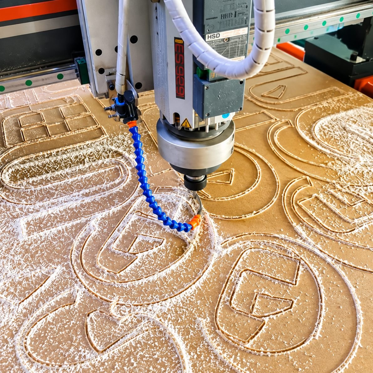 Close-up of a CNC router cutting a logo out of an MDF sheet, with a blue coolant nozzle and sawdust scattered across the cut paths.