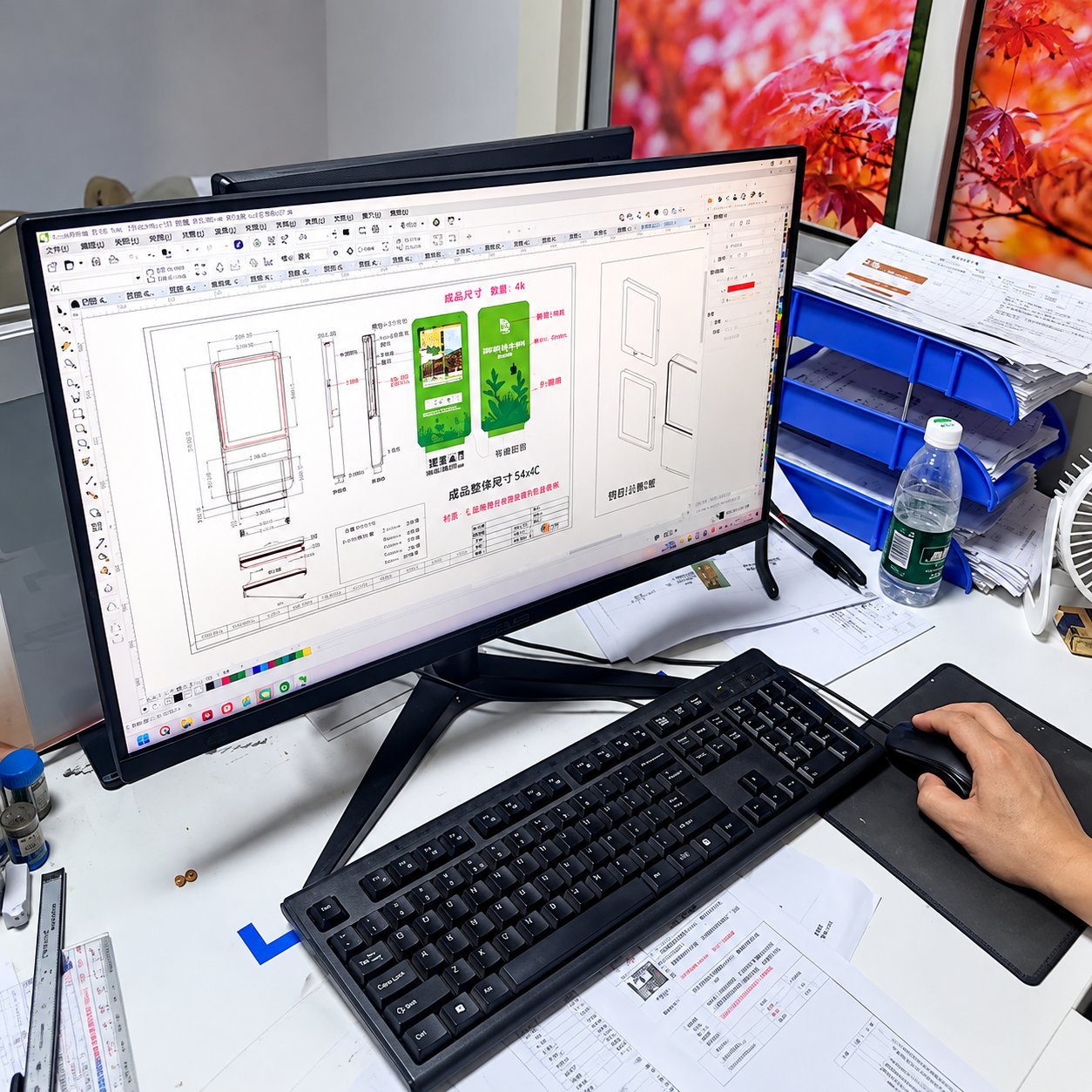 Sign designer working at a desktop monitor on a sign cabinet technical drawing with measurement callouts and assembly notes.